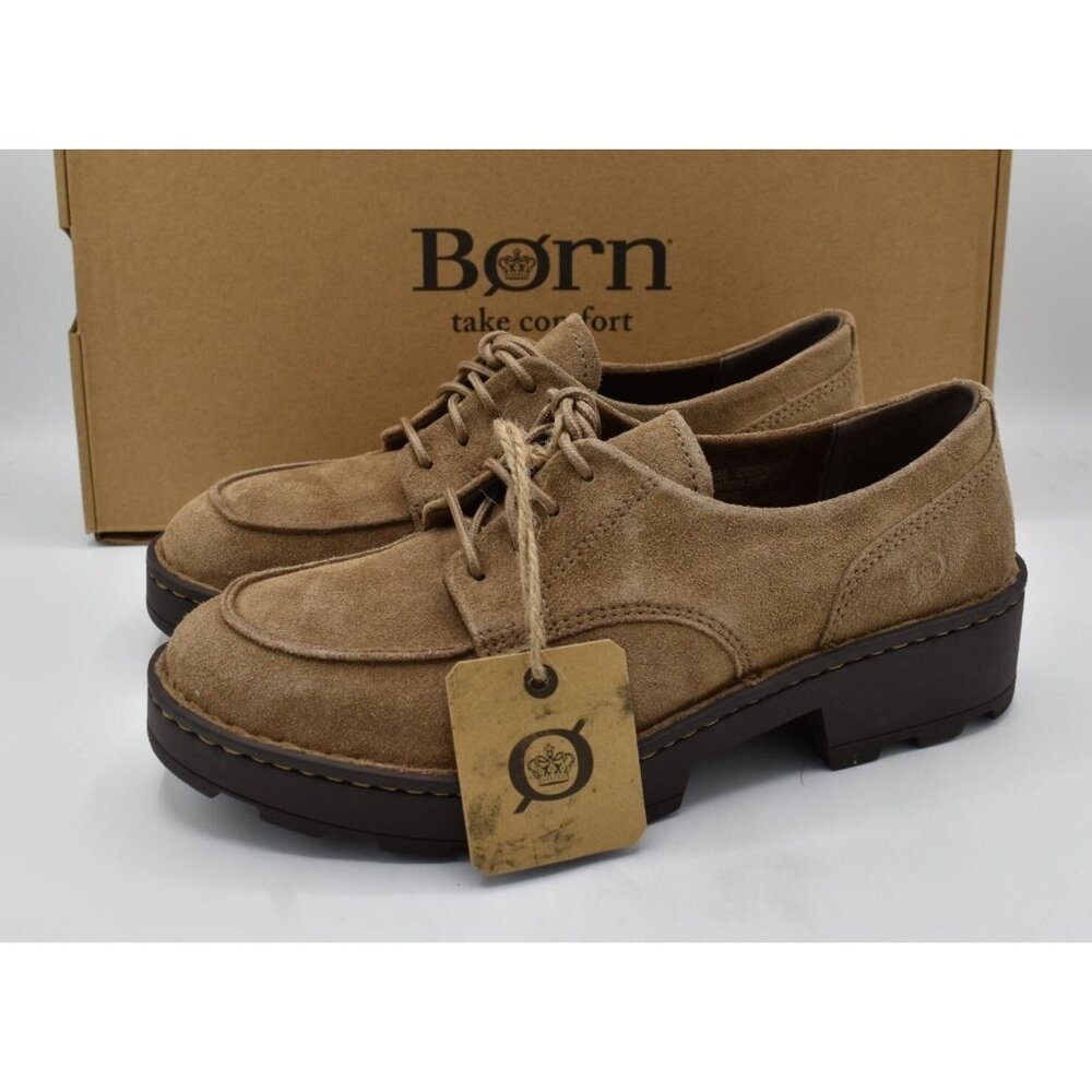 Born Womens Size 11 Corby Moc Toe Taupe Suede‎ Lace Up Derby Shoes